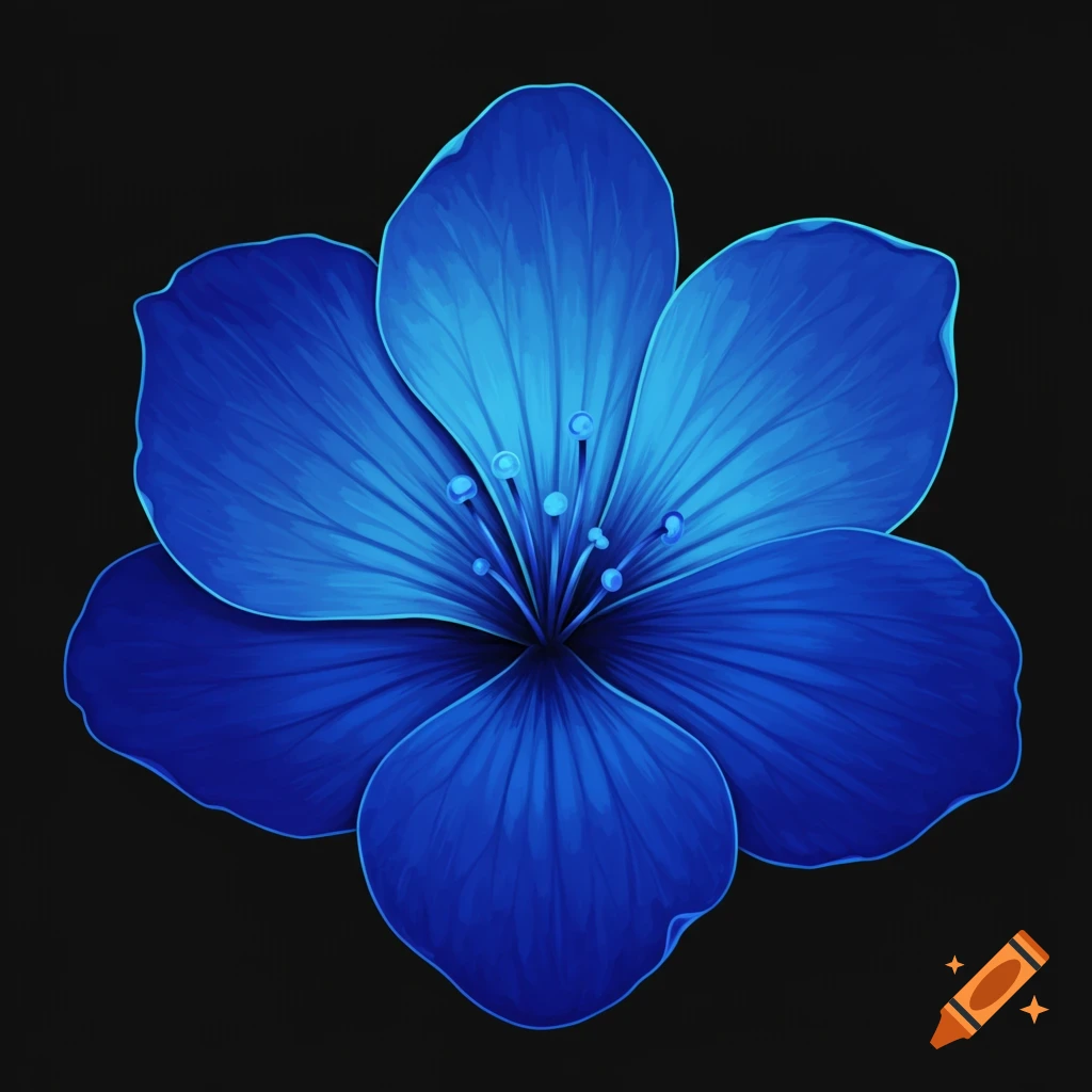 A bright blue five-petal flower digital illustration on a black background.