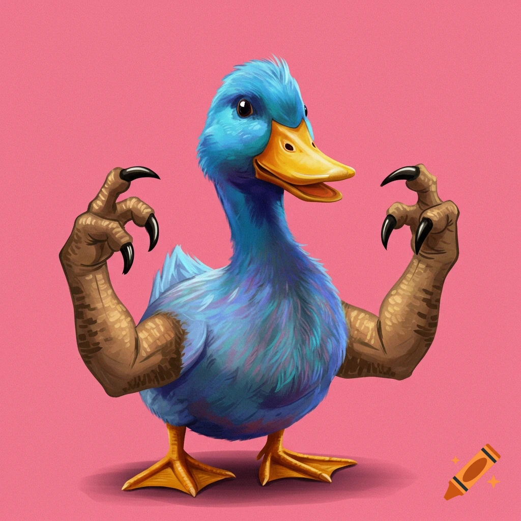 A blue duck with brown T-Rex arms on a pink background.