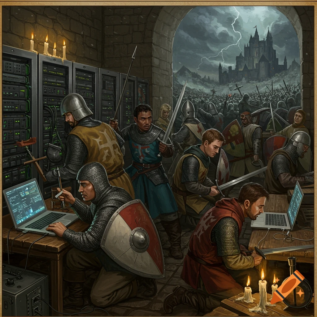 Medieval knights working on servers and laptops during a battle outside a castle.