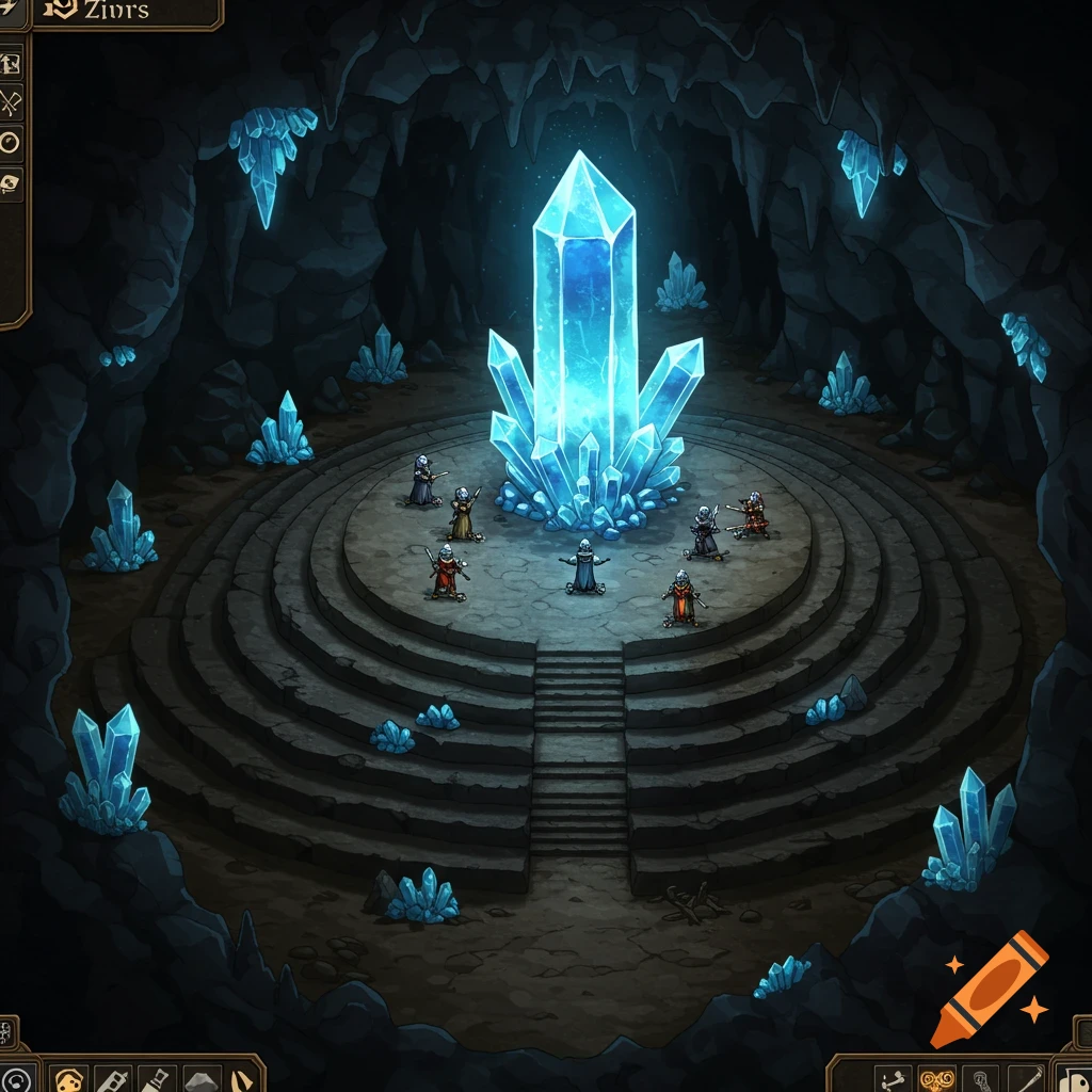 Top-down fantasy battle map of a cave with a large glowing blue crystal and figures on tiered stone platforms.