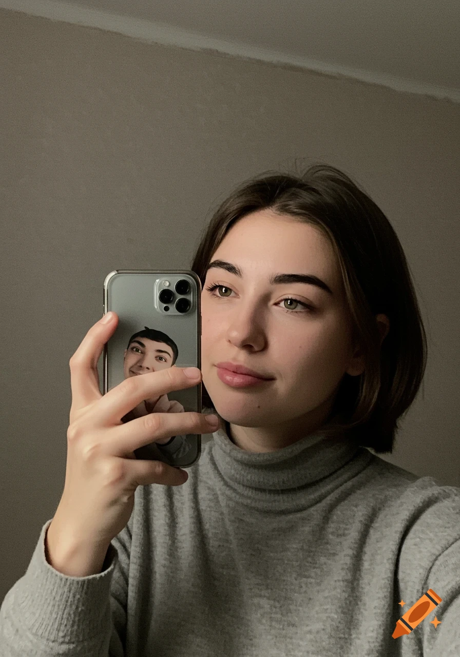 A woman takes a selfie, holding a phone with a face on the screen.