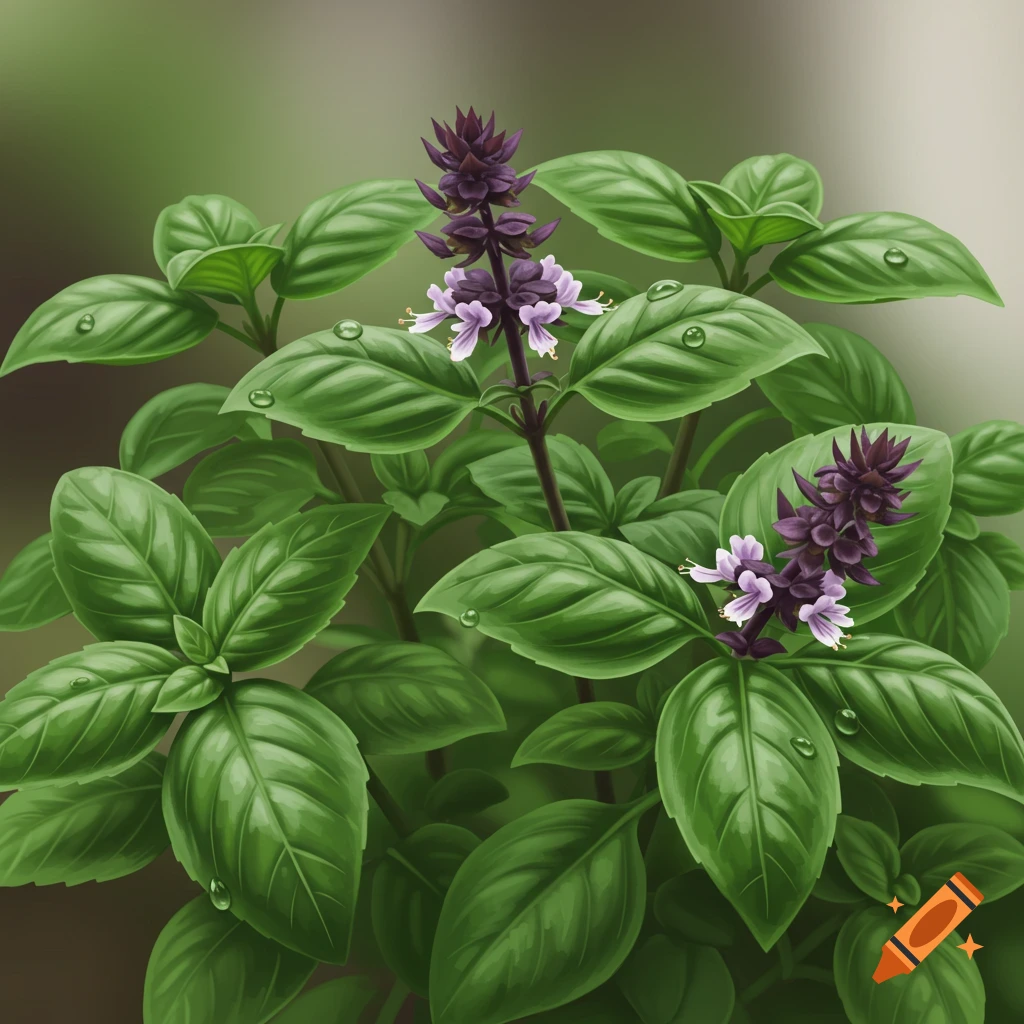 A detailed image of a basil plant with green leaves, purple flowers, and water droplets.