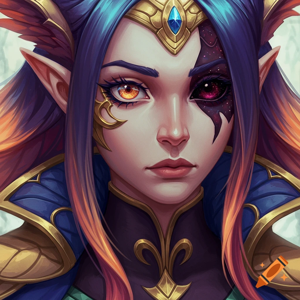 A portrait of a fantasy elf with mismatched orange and dark, starry eyes, blue and orange hair, and golden armor.