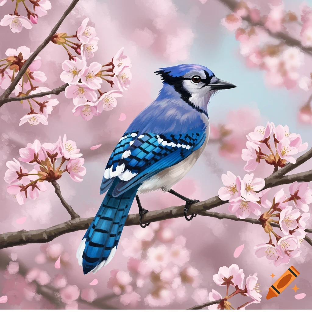 A blue jay perched on a cherry blossom branch.