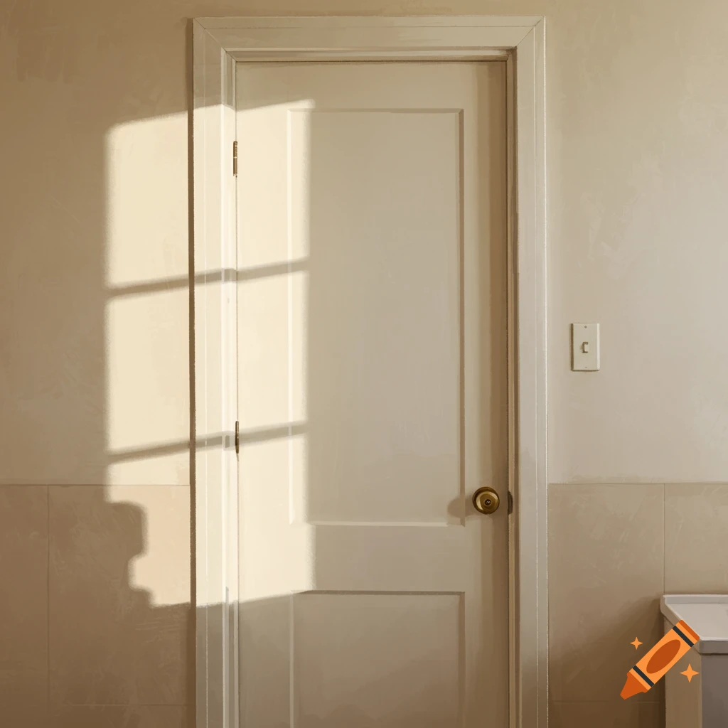 A white door with a brass doorknob in a room, with sunlight casting a window grid shadow on the left side.