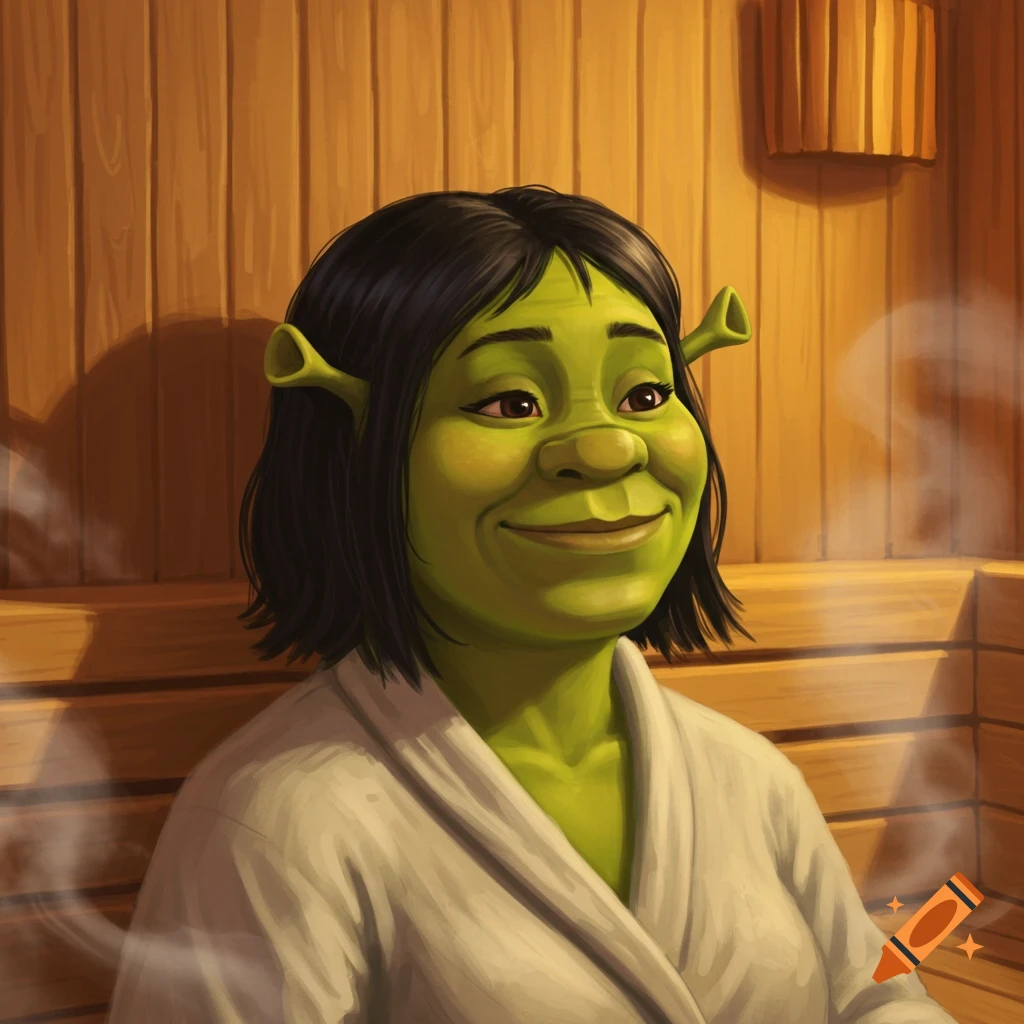 A green-skinned character with black hair and ogre ears, wearing a robe, relaxing in a sauna.