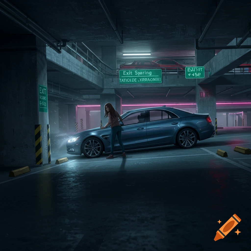 A woman standing by a blue car in a dark, atmospheric parking garage.