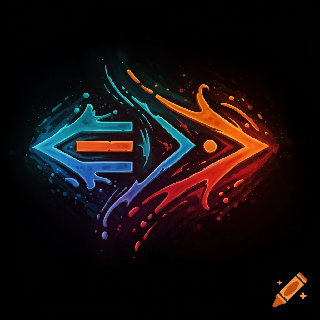 Abstract graphic design with stylized equal and greater than symbols in blue, orange, and red paint splatters on black background.