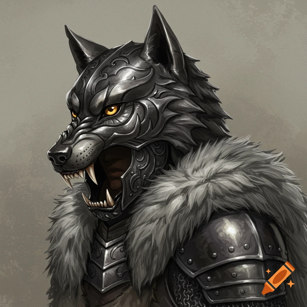 A detailed portrait of a person wearing a stylized wolf helmet and armor with fur.