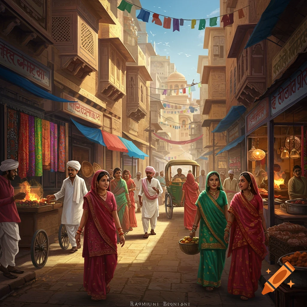 A bustling street scene in India unfolds with a vibrant display of people moving and engaging in commerce. The backdrop is adorned with traditional architecture, while the individuals are adorned in a kaleidoscope of colorful garments.