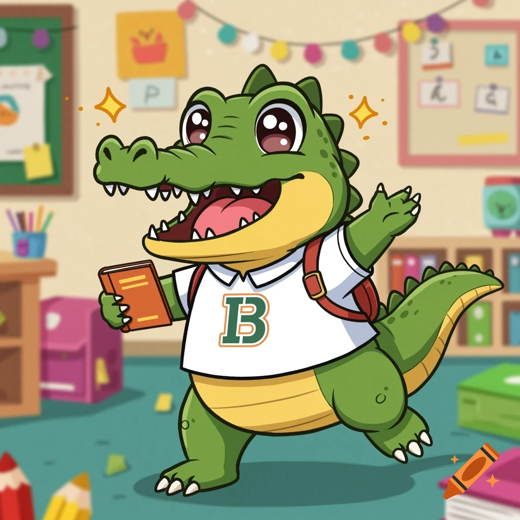 A cute cartoon alligator mascot wearing a school shirt with a 'B' and a backpack, holding a book in a classroom.