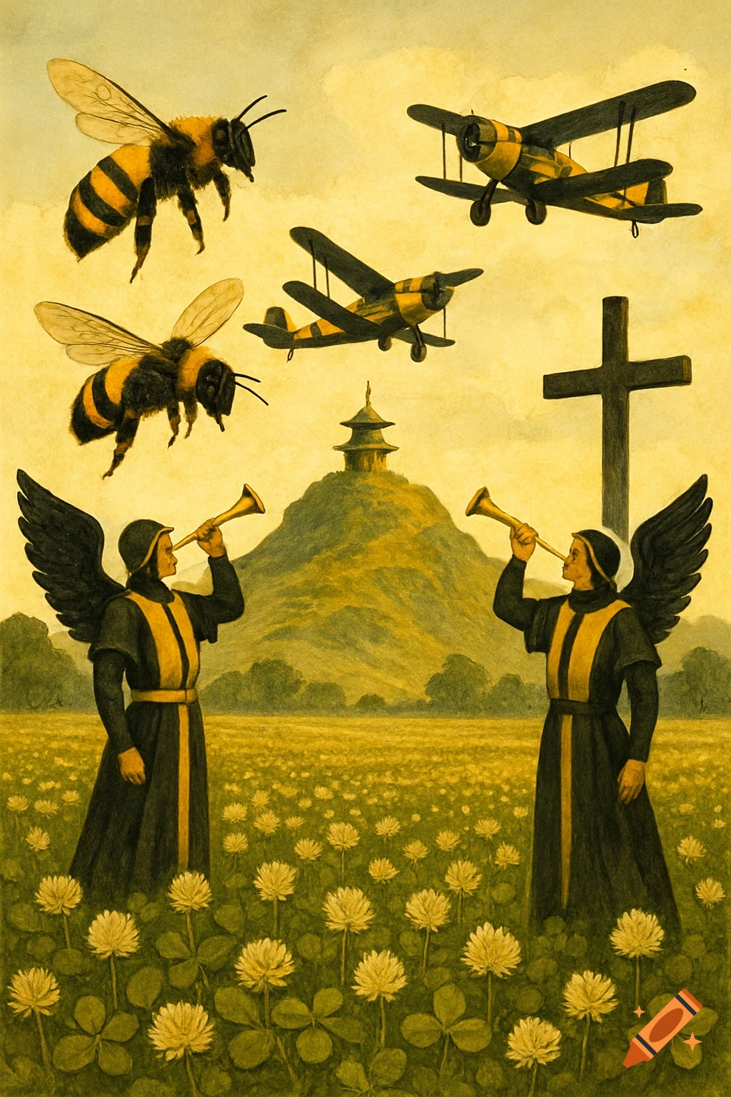 Bees, biplanes, winged figures with trumpets, cross, pagoda, and clover field.