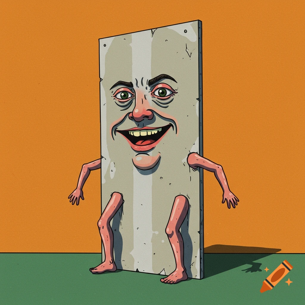 Illustration of a sheet of drywall with a face, arms, and legs standing in a room.