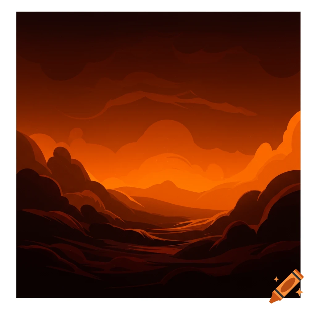 Abstract image of a dark orange landscape with hills and clouds.