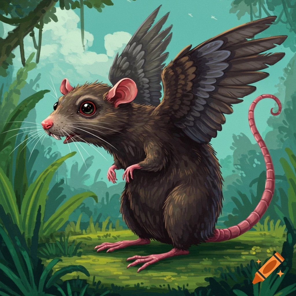 A rat with bird wings stands in a forest.