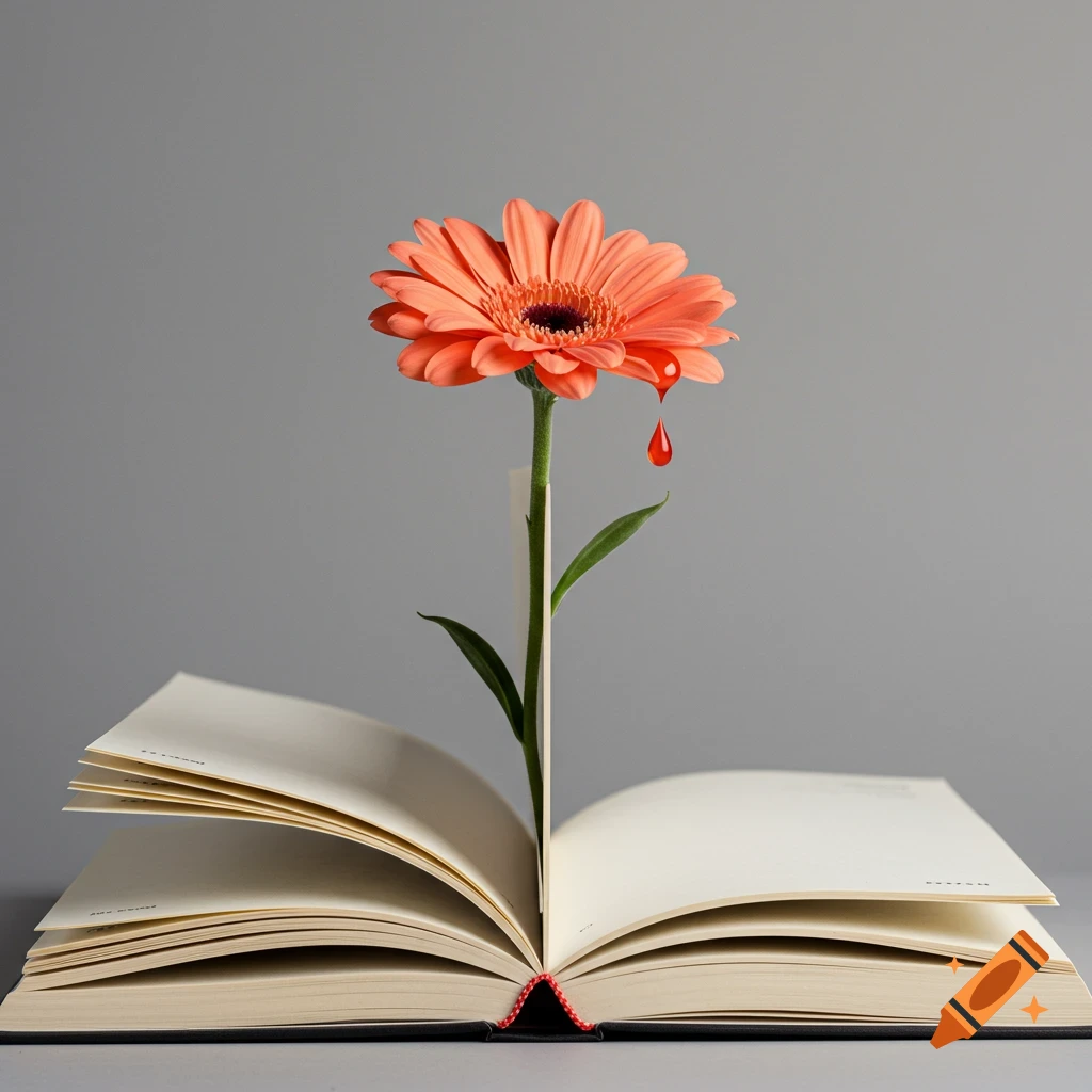 Orange flower with a red drop growing from an open book.