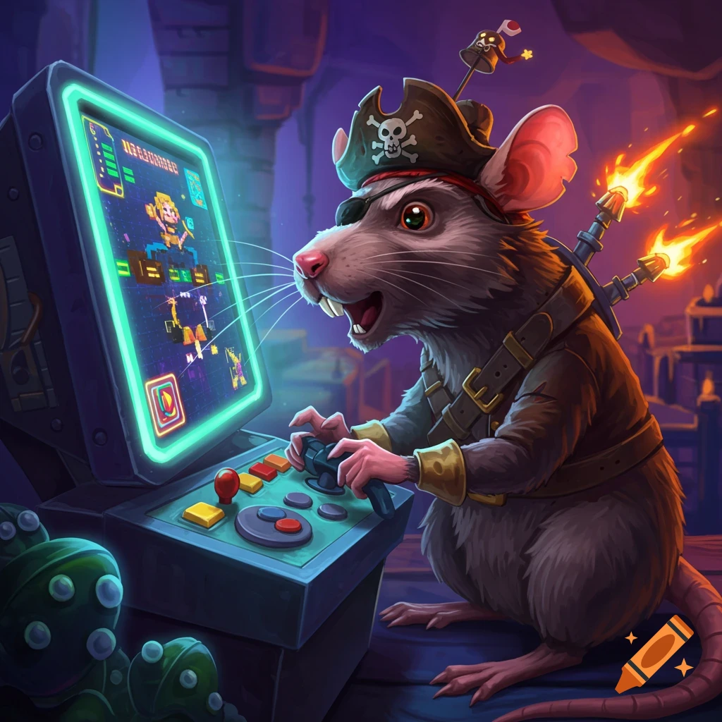 A pirate rat playing a classic arcade video game.
