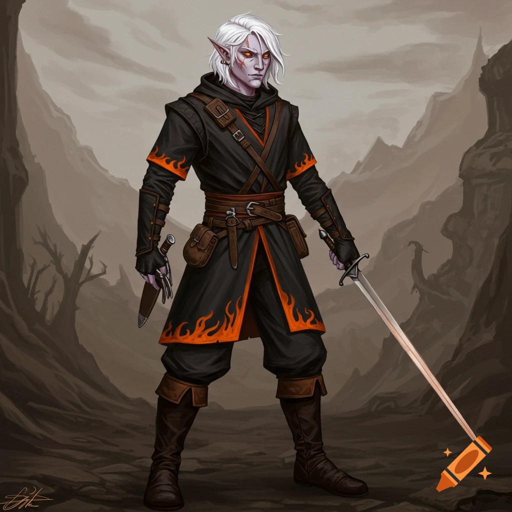 A white-haired fantasy rogue with pale skin in black clothes with orange trim, holding a sword and dagger in a desolate landscape.