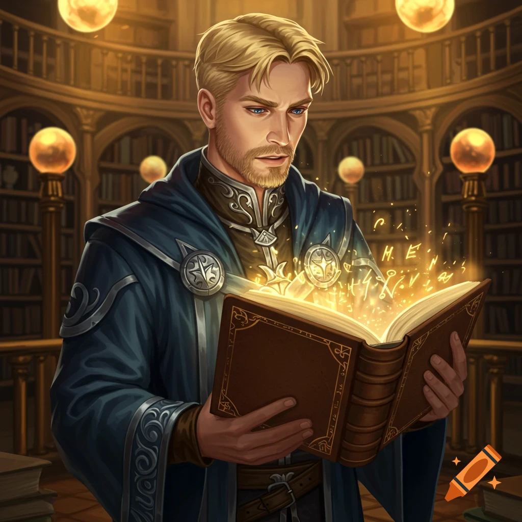 A blond wizard in blue robes reads a glowing book in a library.