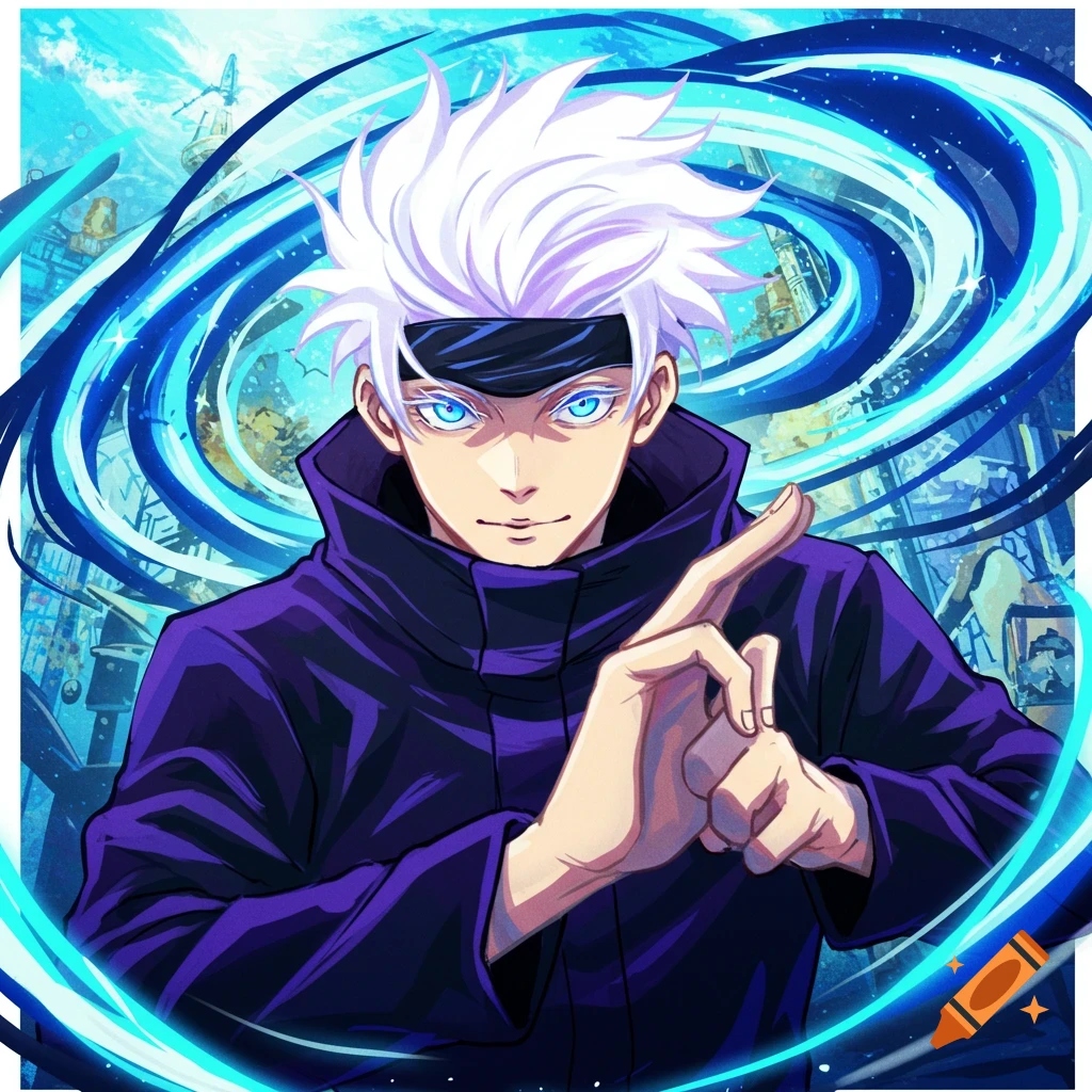 An anime character with white hair, blue eyes, and a dark coat, posing with a raised hand against a swirling blue energy background.