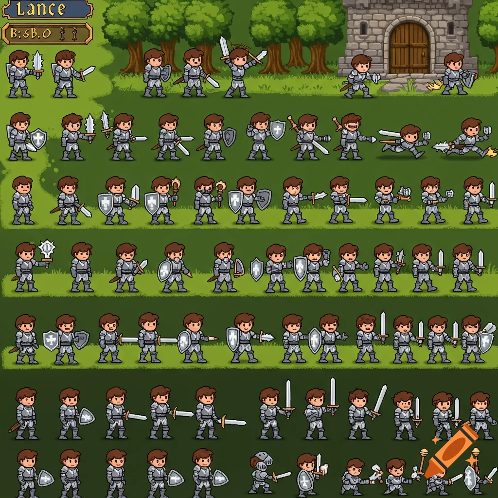 16-bit pixel art sprite sheet of a knight in various action poses.