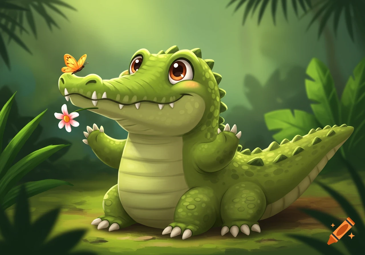 Cute cartoon alligator in jungle holding a flower with butterfly on nose.