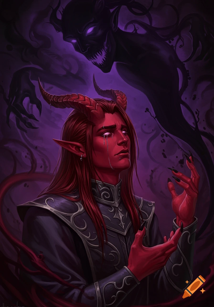 A red-skinned tiefling looking up in distress, with a dark shadow demon figure looming behind them.