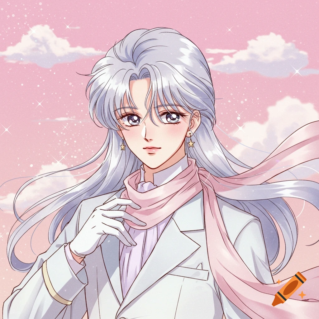 A 90s anime portrait of a person with long silver hair, white suit, pink scarf, and star earrings against a pink sky.