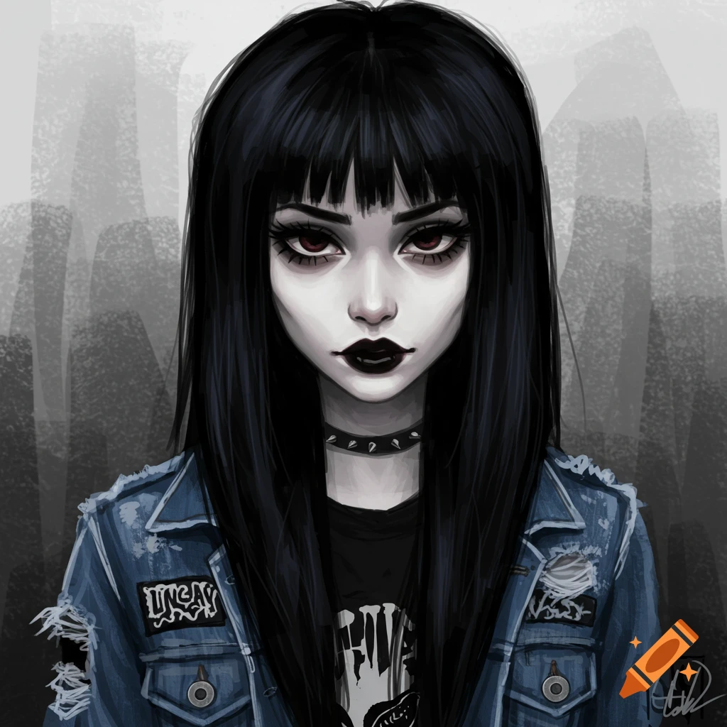 An emo girl with black hair and dark makeup wearing a distressed denim jacket.