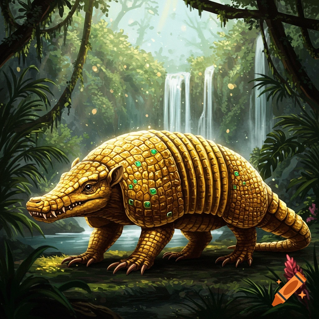 A golden armadillo-crocodile creature in a jungle with waterfalls.