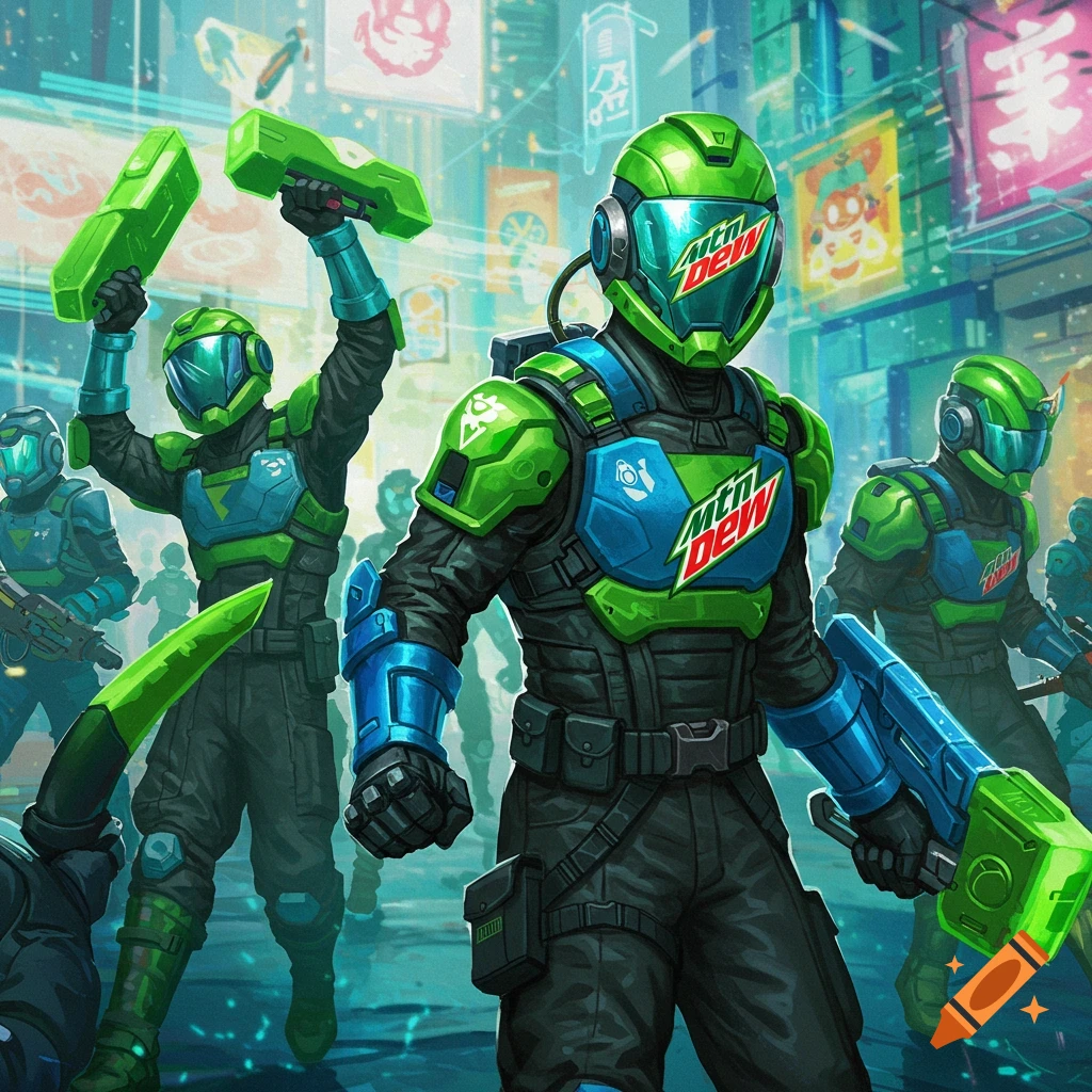A group of soldiers in green and blue armor with Mountain Dew logos stand in a futuristic city street.