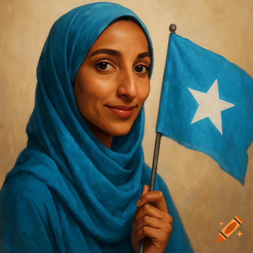 A woman in a blue hijab is holding a Somali flag.