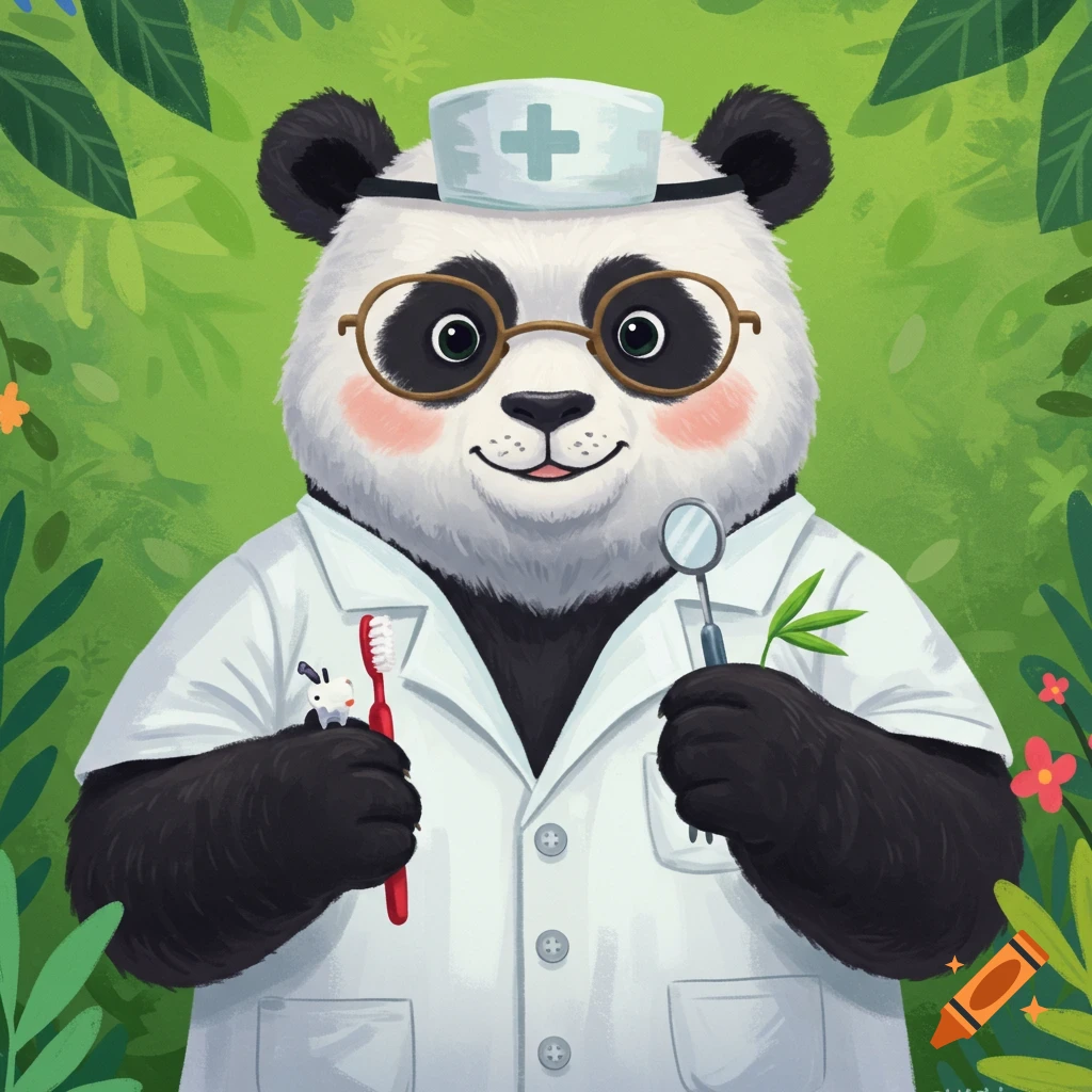 A cute panda wearing a dentist's coat and hat, holding a toothbrush and a dental mirror.