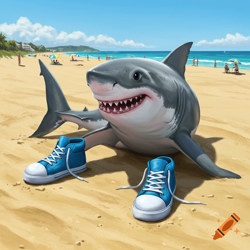 Cartoon shark wearing blue sneakers sits on a sunny beach with people in the background.