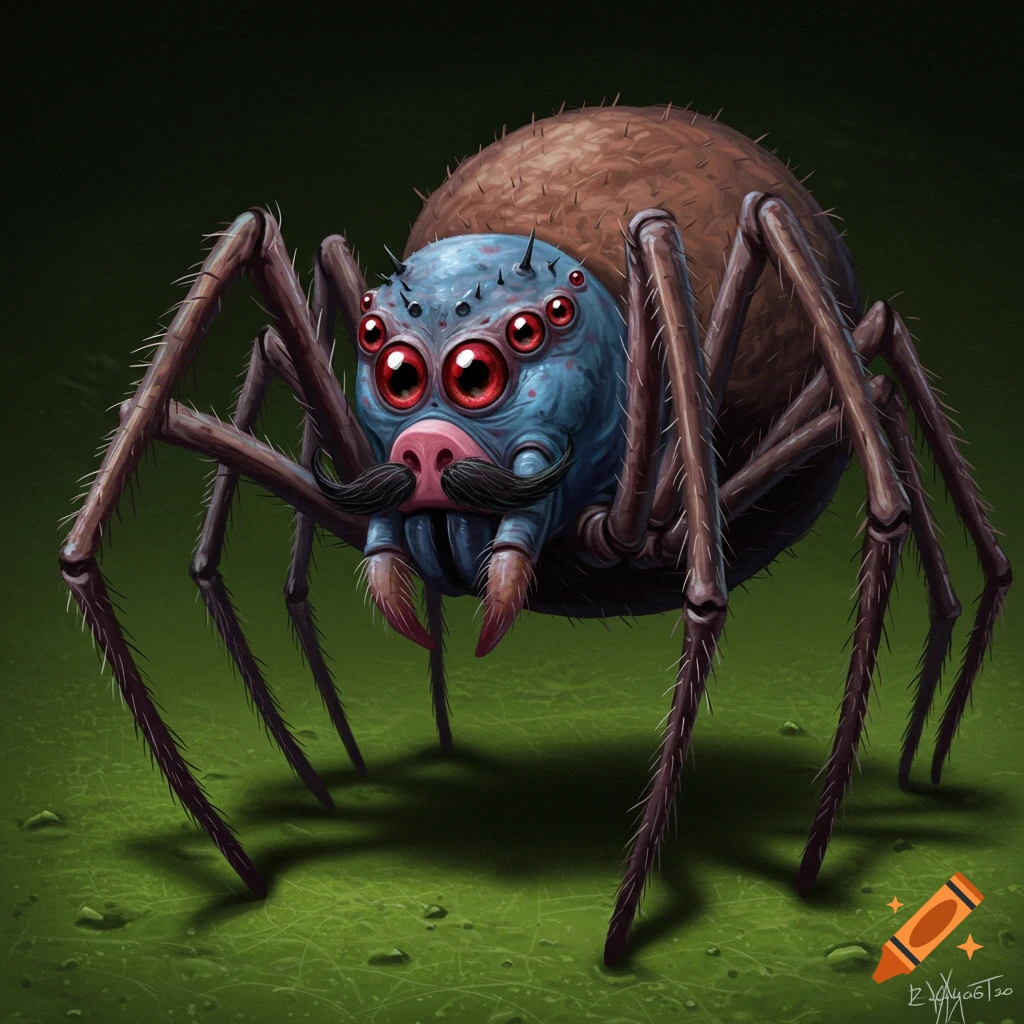Illustration of a cartoonish spider with red eyes, blue head, pig snout, and mustache on a green background.