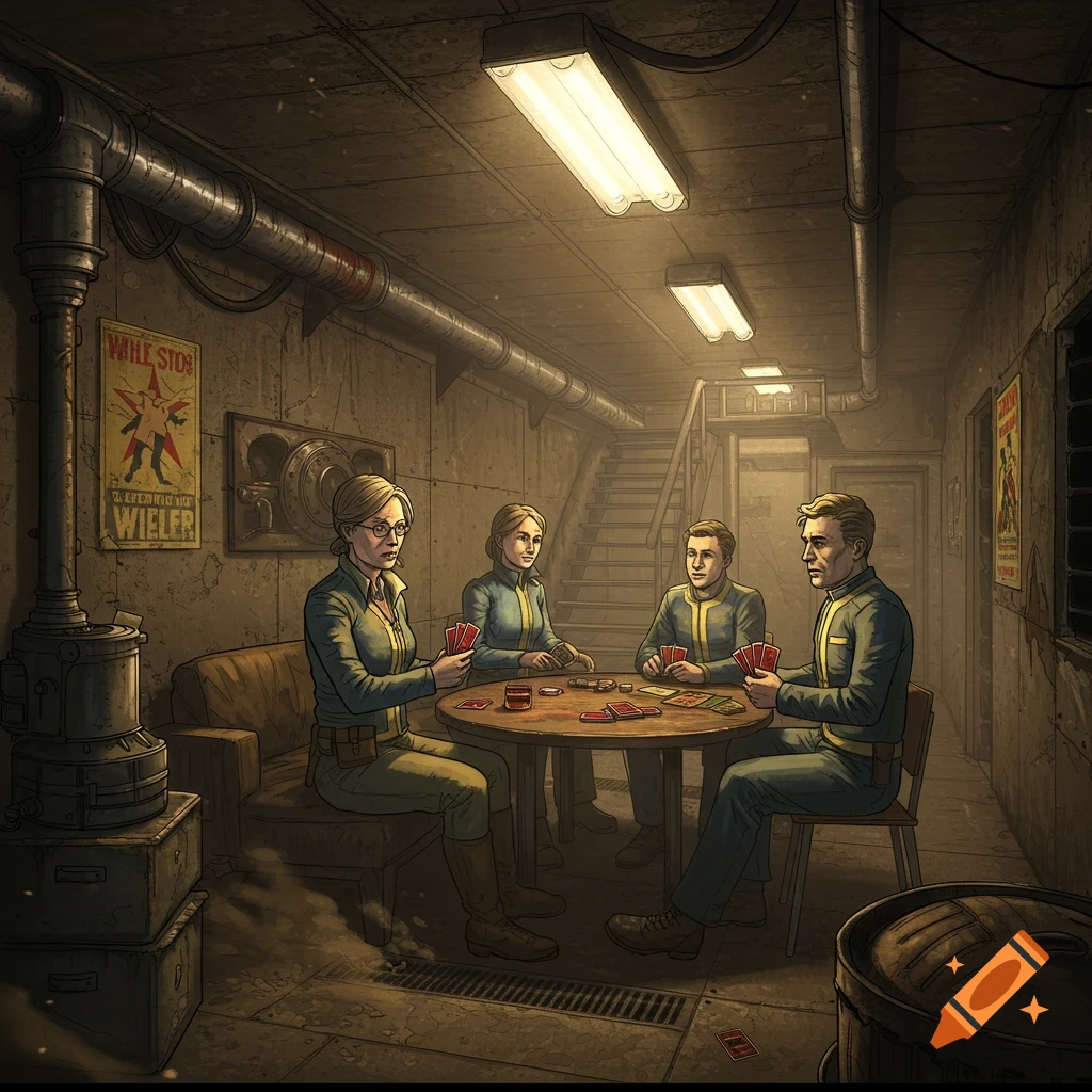 Four people playing cards in a dimly lit, industrial bunker room.