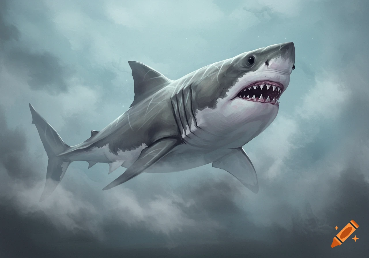 A great white shark swimming through murky, foggy water