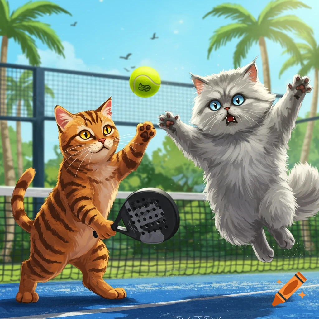 Two cartoon cats playing padel tennis on a court. One is an orange tabby holding a paddle, the other is a fluffy grey cat jumping to hit the ball.