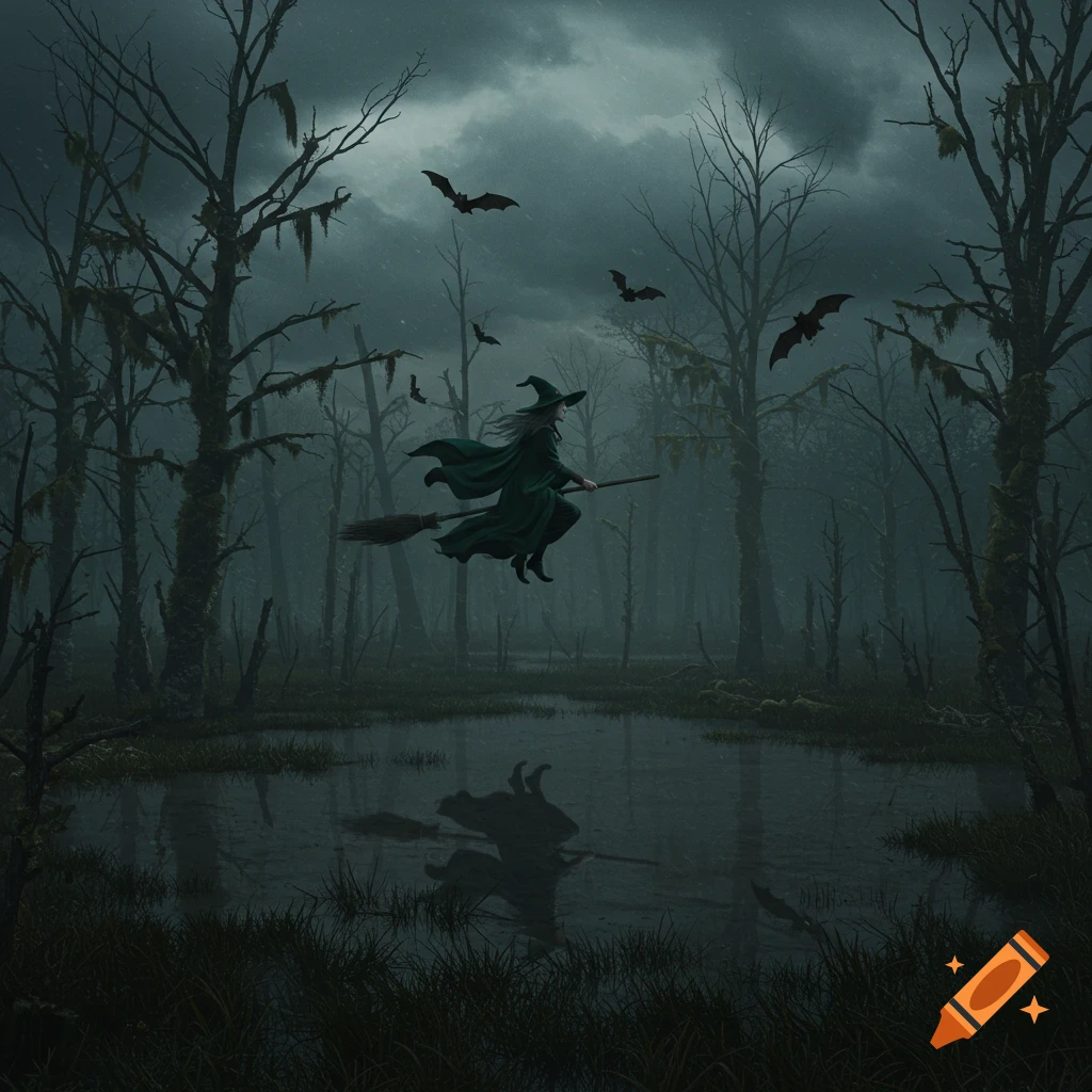 A witch flies on a broomstick over a dark swamp with bats.