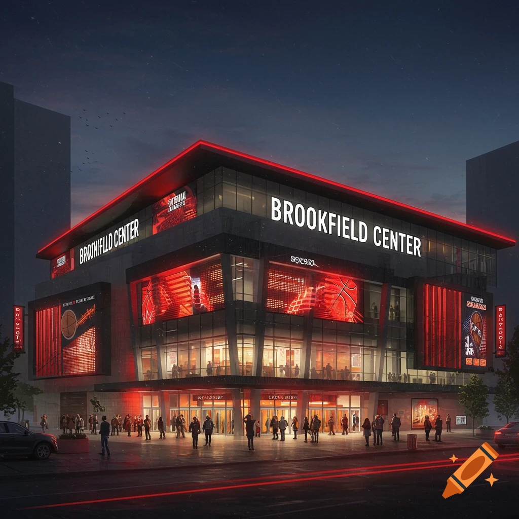 A modern basketball arena named Brookfield Center at night, with red LED lighting and digital billboards.