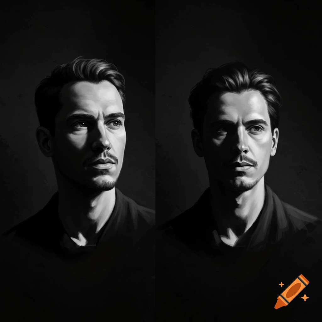 Two black and white headshots of a man with dramatic lighting.
