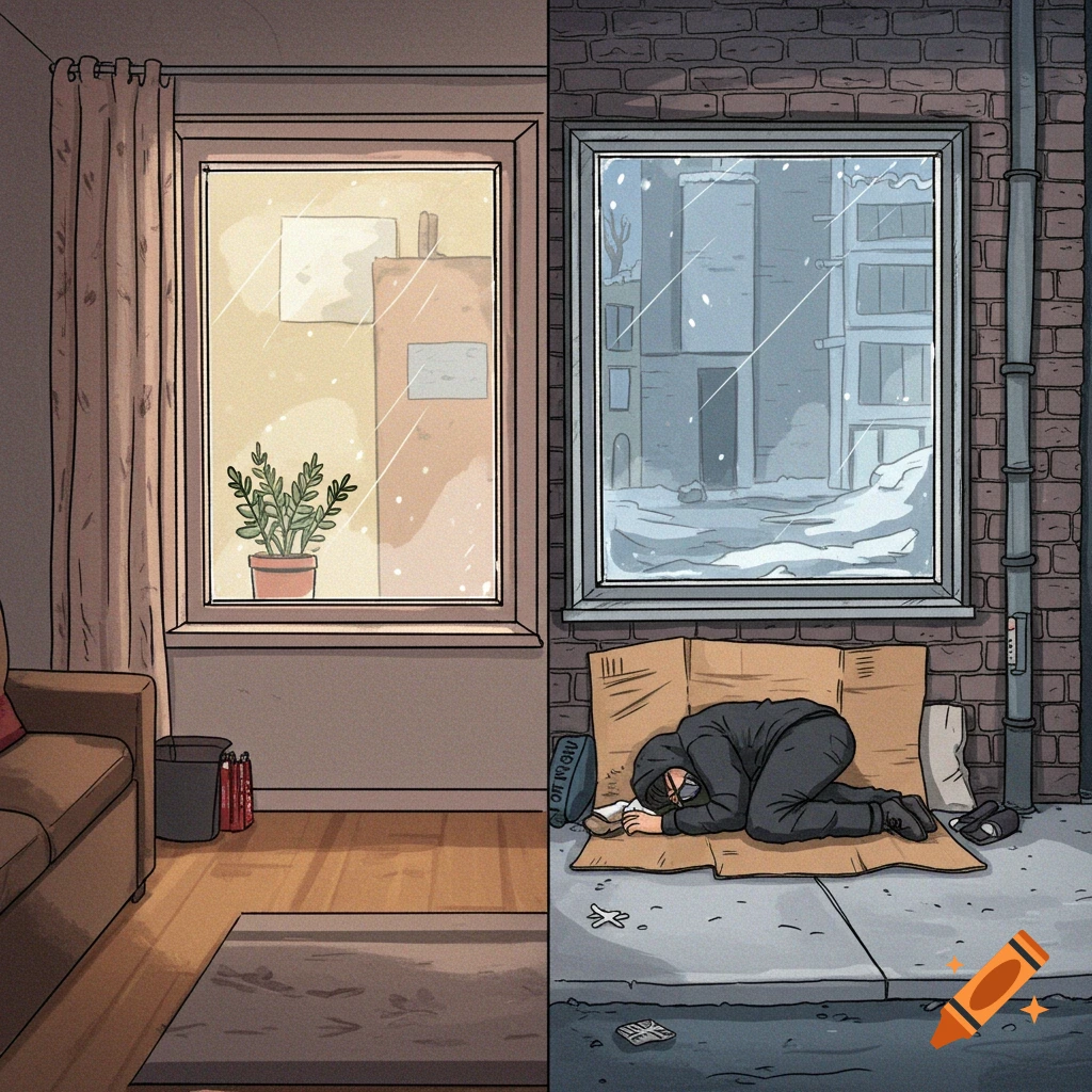 Illustration contrasting a cozy room with a person sleeping outside in the snow.