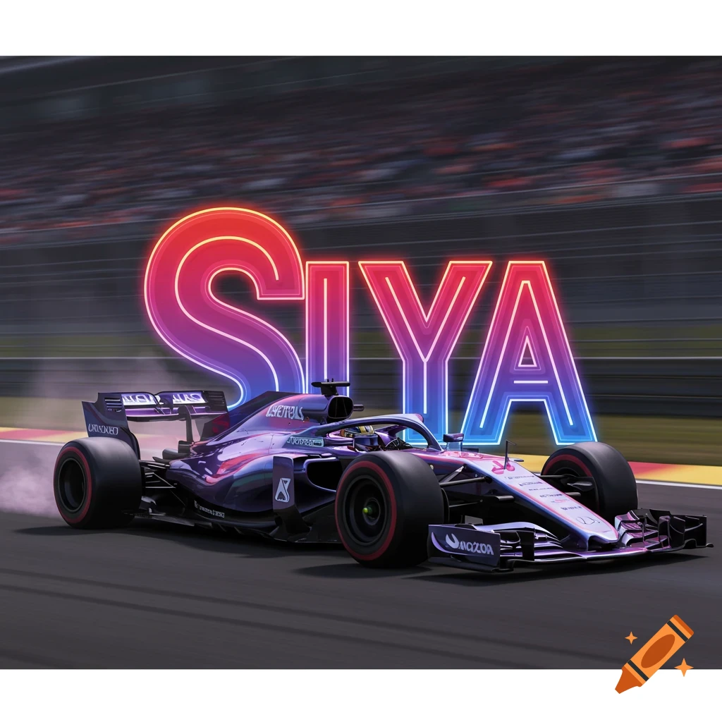 A purple F1 race car on a track with a large neon sign spelling "SIYA" behind it.