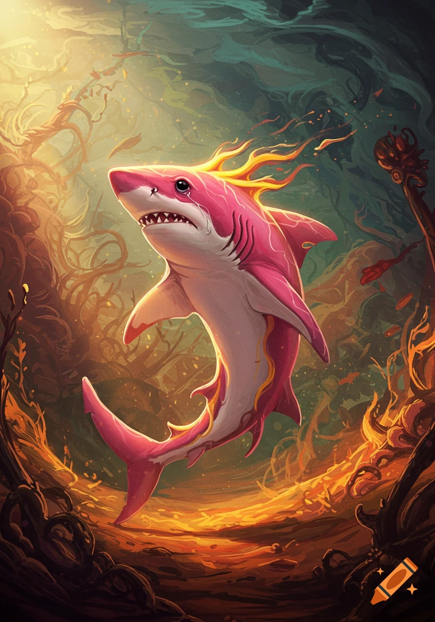 A crying pink shark with flames on its head swims in a glowing, surreal underwater environment.