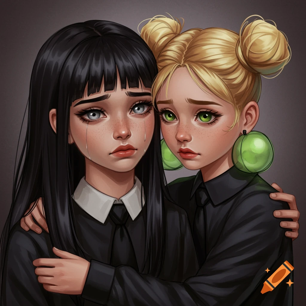 Two girls in black mourning clothes embracing, one is crying. Digital art.