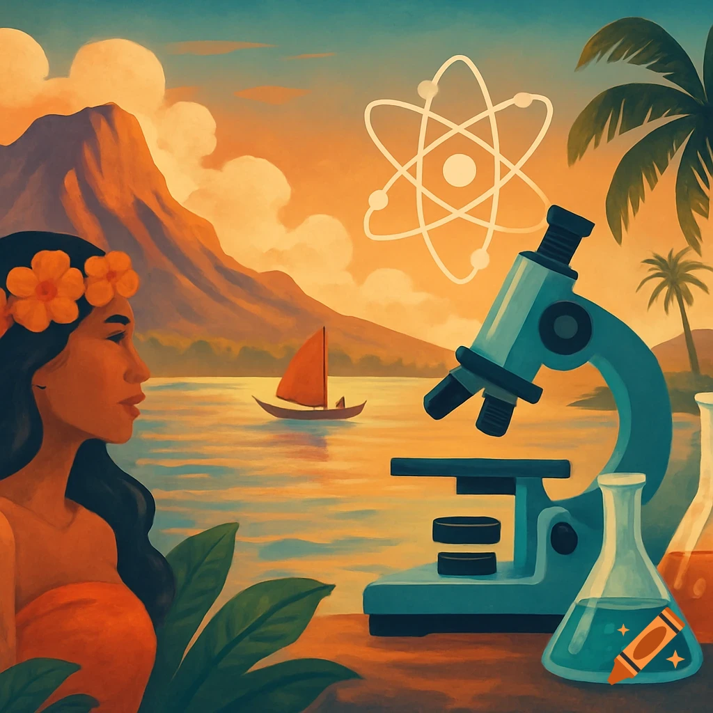 A woman in Hawaiian style is depicted with a microscope, beakers, an atom symbol, a volcano, and a sailboat.
