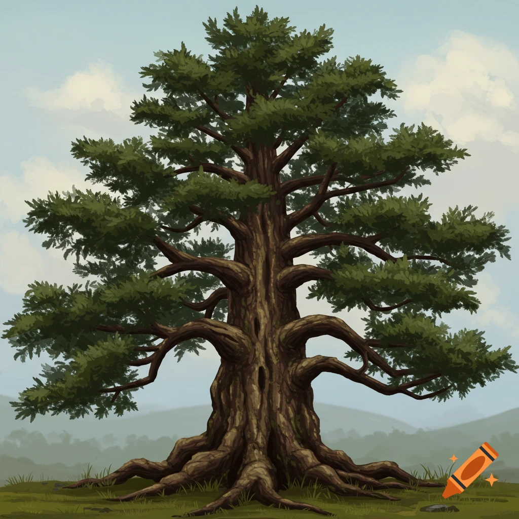 A large tree with spreading roots and branches against a landscape.
