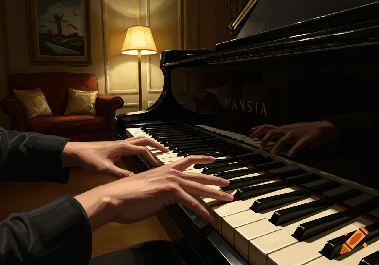 Hands playing a grand piano in a dimly lit room.