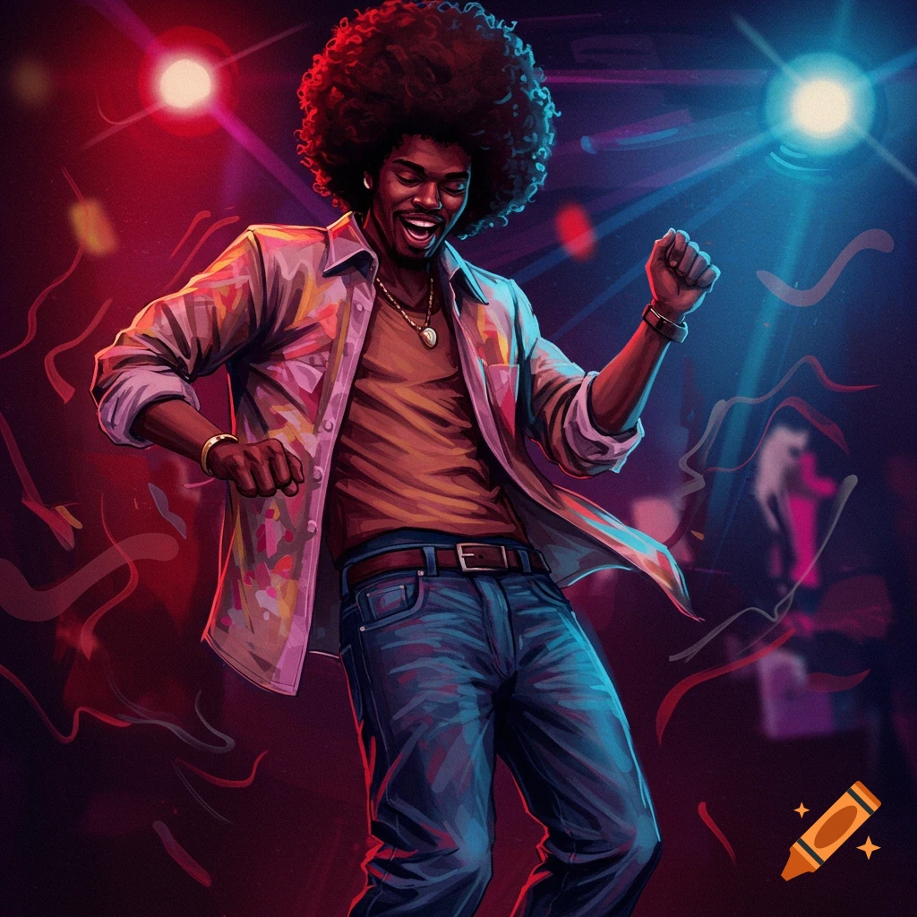 A man with an afro dances in a disco under red and blue lights.