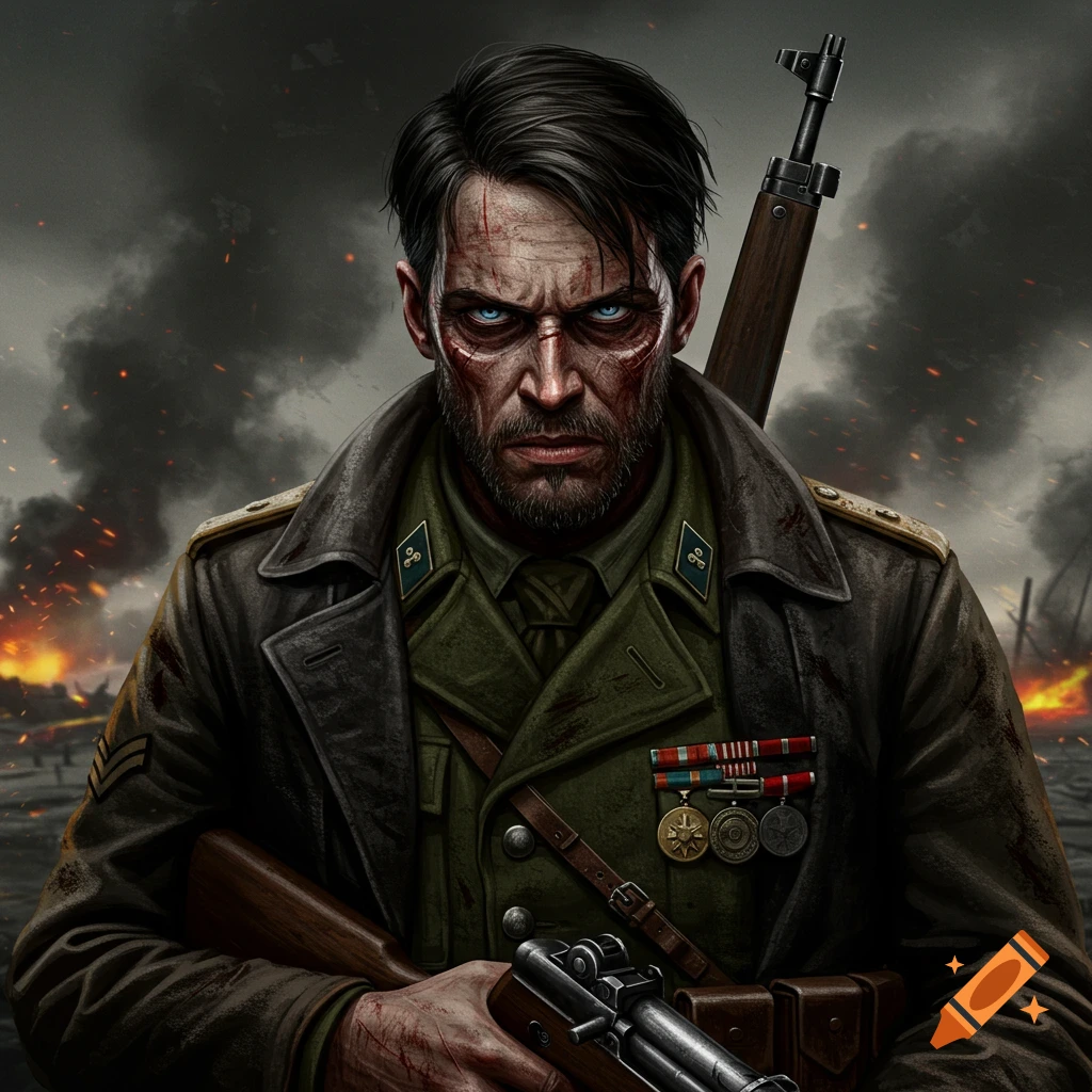 A wounded soldier with intense eyes holding a rifle in a smoky warzone.